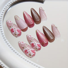 24pcs Set Of Almond-Shaped Press-On Nails With Cat Eye Effect & Sparkling Rhinestones - Medium Length, Pink & Mixed Colors, Floral Design For Women And Girls