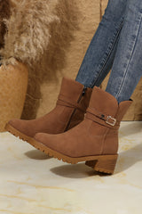 Chestnut Suede Buckle Decor Heeled Ankle Boots