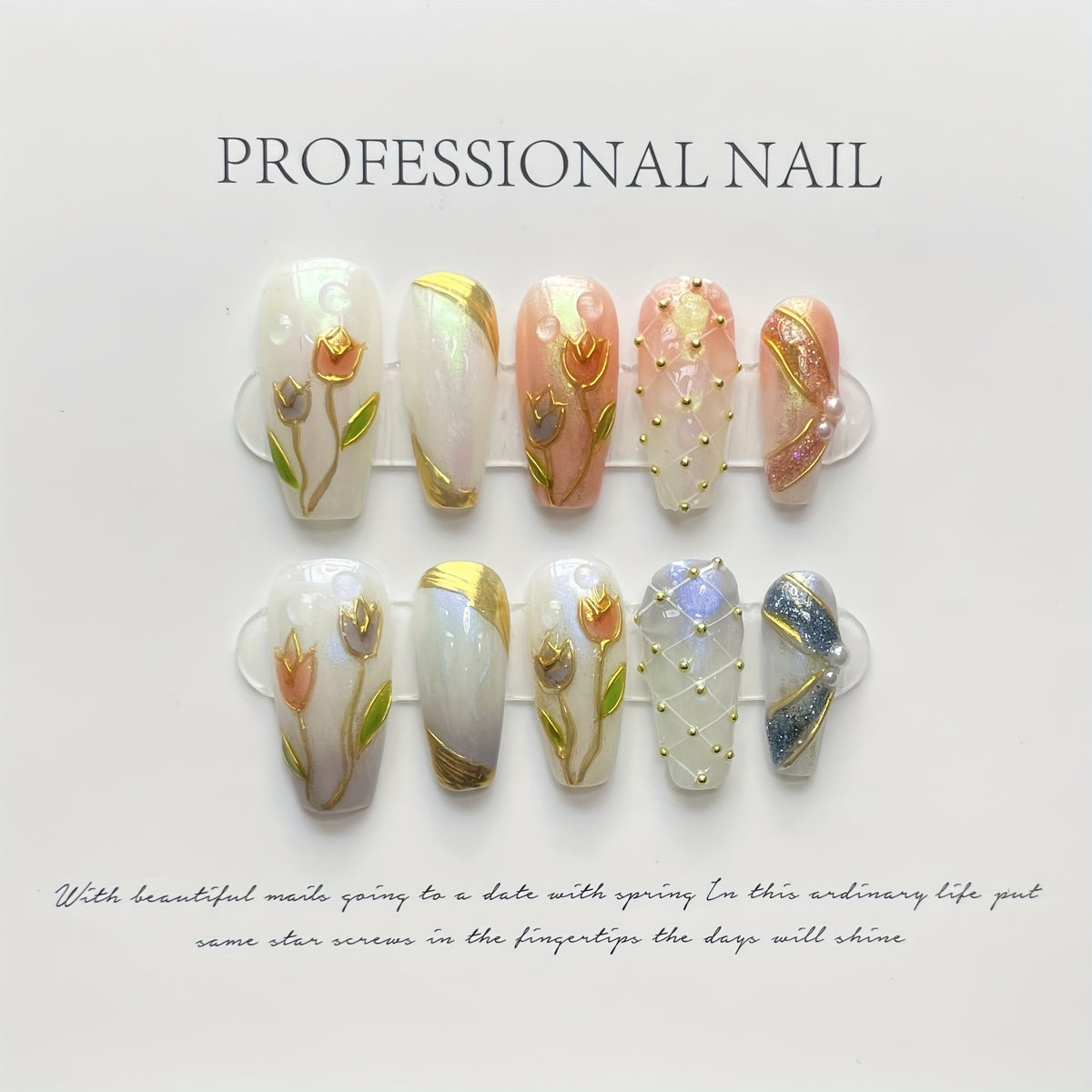 10pcs Luxury Handmade Press on Nails Middle Coffin False Nails Tulip Design False Nails with 3pcs Tool Adhesive Nail Glue Tabs