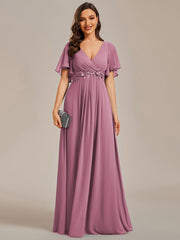 V Neck Appliques Pleated Wholesale Bridesmaid Dresses
