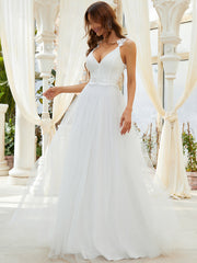 Double V Neck Wholesale Lace Tulle Wedding Dress