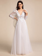 Exquisite V Neck Backless Long Sleeves Tulle Wedding Dresses with Applique Decoration