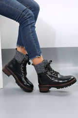 Black Knitted Patched Lace-up Heeled Ankle Boots