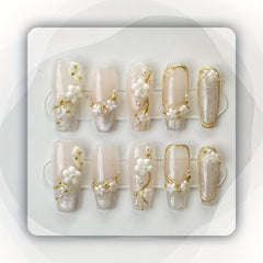 Handmade Press On Nails, Cat Eye Fake Nails,Full Cover Cherry Blossom False Nails For Women And Girls