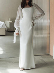 Flared Sleeves Skinny Gauze Pleated See-Through Solid Color Split-Joint Square-Neck Maxi Dresses