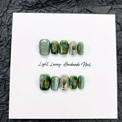 10 pcs Green Tone Square Short Press On Nails - Glossy Gradient Aura Cat Eye Handmade Luxury False Nail Set