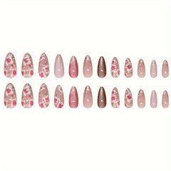 24pcs Set Of Almond-Shaped Press-On Nails With Cat Eye Effect & Sparkling Rhinestones - Medium Length, Pink & Mixed Colors, Floral Design For Women And Girls