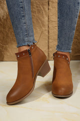 Chestnut Studded Faux Leather Chunky Heel Ankle Boots