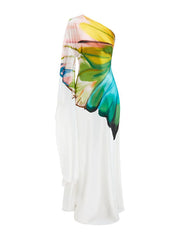 Long Sleeves Loose Asymmetric Flower Print One-Shoulder Maxi Dresses