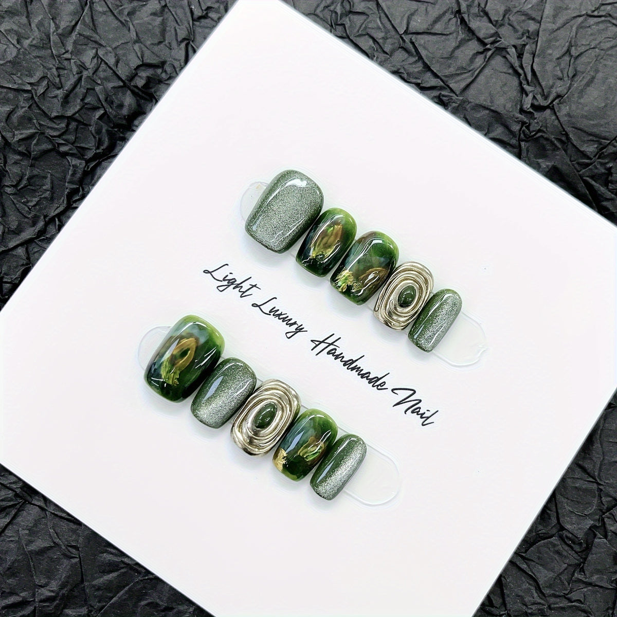 10 pcs Green Tone Square Short Press On Nails - Glossy Gradient Aura Cat Eye Handmade Luxury False Nail Set