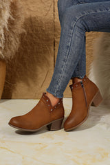 Chestnut Studded Faux Leather Chunky Heel Ankle Boots