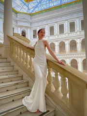 Simple halter wedding ivory dress. Open back satin slip dress for reception. Summer wedding dress with a halter neck.