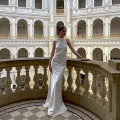 Simple halter wedding ivory dress. Open back satin slip dress for reception. Summer wedding dress with a halter neck.