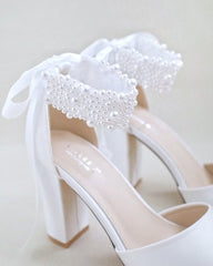 White & Ivory Satin Block Heel Wedding Sandals with Perla Ankle Strap - Women Wedding Shoes, Bridal Shoes, Wedding Heels
