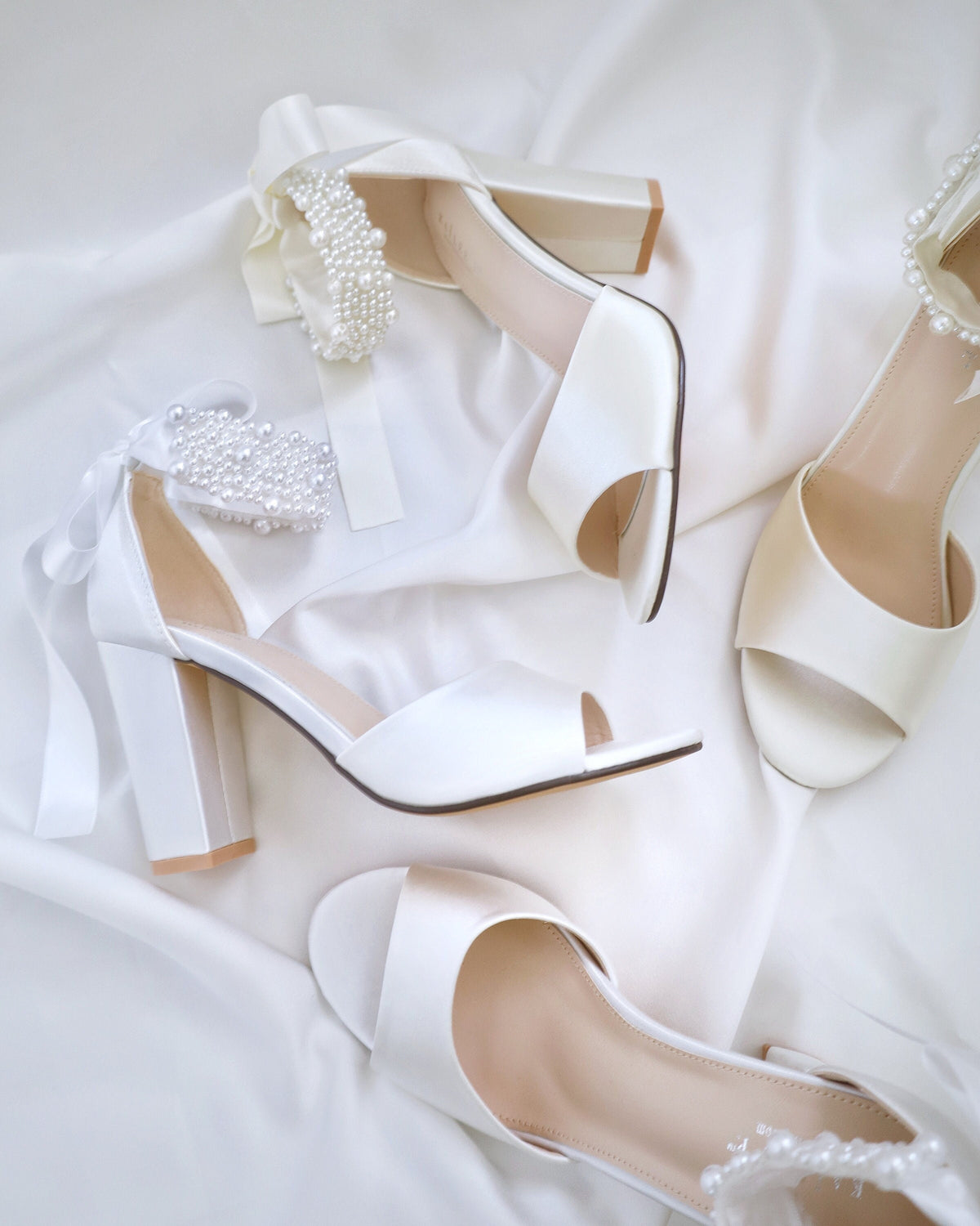White & Ivory Satin Block Heel Wedding Sandals with Perla Ankle Strap - Women Wedding Shoes, Bridal Shoes, Wedding Heels