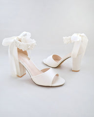 White & Ivory Satin Block Heel Wedding Sandals with Perla Ankle Strap - Women Wedding Shoes, Bridal Shoes, Wedding Heels