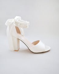 White & Ivory Satin Block Heel Wedding Sandals with Perla Ankle Strap - Women Wedding Shoes, Bridal Shoes, Wedding Heels