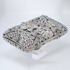 Shinny Silver Rhinestone Embellished Floral Garden Wedding Clutch, Statement Bag, Evening Wedding Clutch, Cross Body Bag