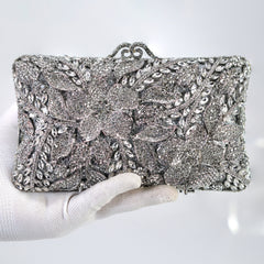 Shinny Silver Rhinestone Embellished Floral Garden Wedding Clutch, Statement Bag, Evening Wedding Clutch, Cross Body Bag