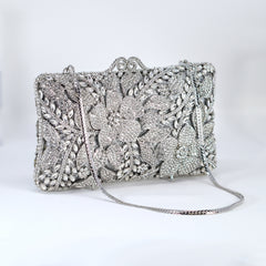 Shinny Silver Rhinestone Embellished Floral Garden Wedding Clutch, Statement Bag, Evening Wedding Clutch, Cross Body Bag
