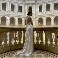 Simple halter wedding ivory dress. Open back satin slip dress for reception. Summer wedding dress with a halter neck.