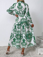 Woman'S Autumn New Printed Irregular Long Skirt Single Breasted V-Neck Green Dress