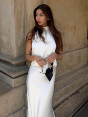 New French Satin Backless Halter Vest High Waist Skirt Two-piece Set