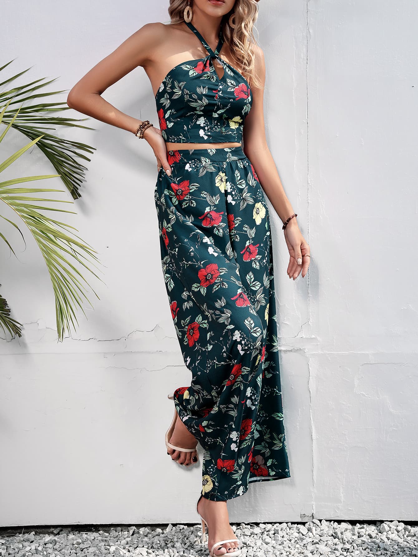 Floral Halter Neck Top and Wide Leg Pants Set - Shah S. Sahota