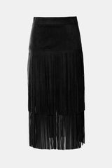 Fringe Detail Faux Suede Midi Skirt - Shah S. Sahota