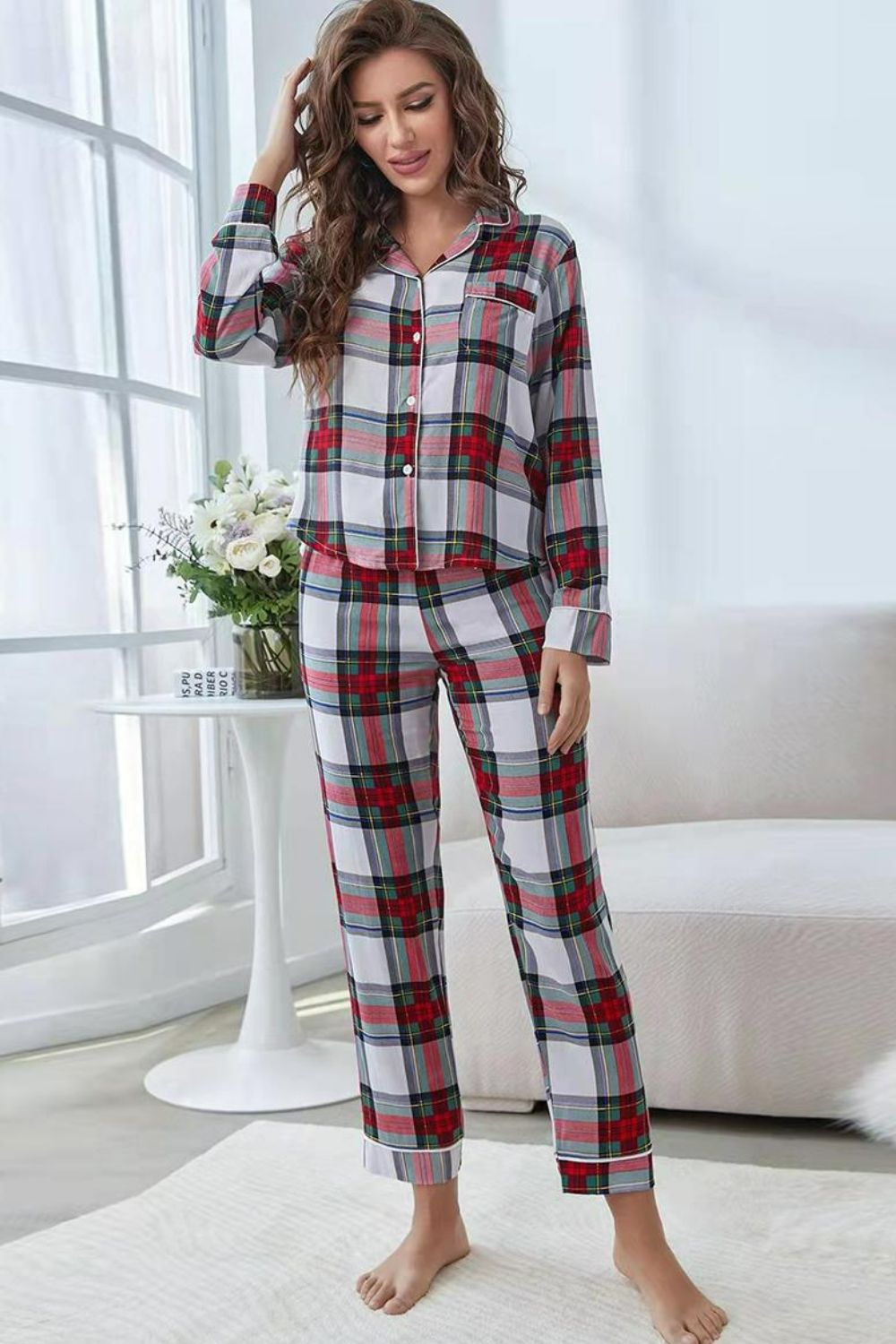 Plaid Button Front Top and Pants Lounge Set - Shah S. Sahota