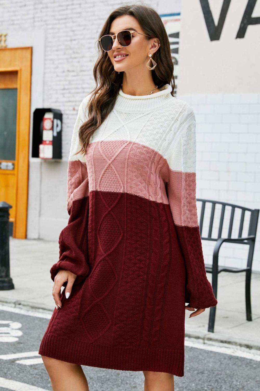 Color Block Mixed Knit Crewneck Sweater Dress - Shah S. Sahota