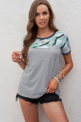 Camo Stripes Mix Print T-shirt with Pocket - Shah S. Sahota