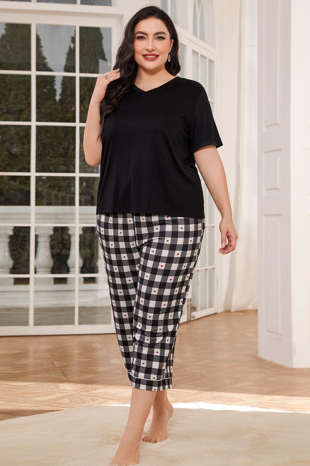 V-Neck Tee and Plaid Cropped Pants Lounge Set - Shah S. Sahota