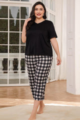V-Neck Tee and Plaid Cropped Pants Lounge Set - Shah S. Sahota