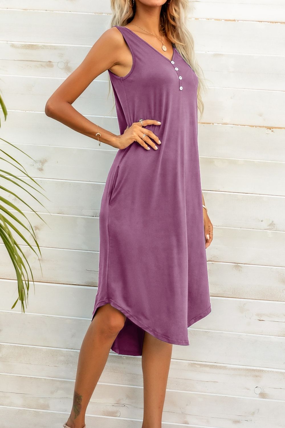 Buttoned V-Neck Curved Hem Sleeveless Dress - Shah S. Sahota