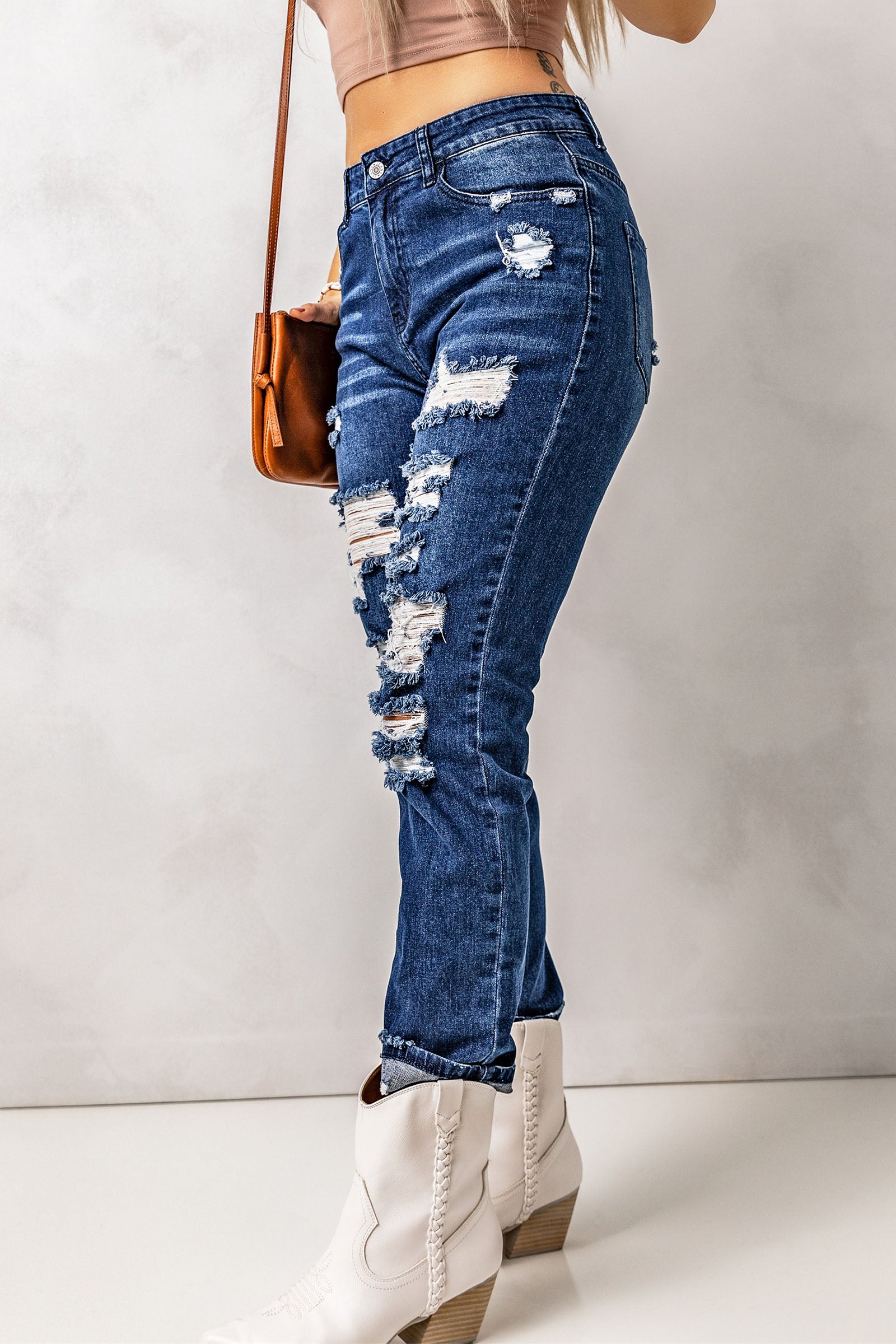 Distressed High Waist Pocket Jeans - Shah S. Sahota