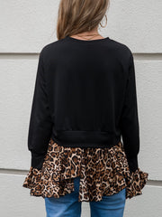Leopard Spliced Ruffle Hem Round Neck Top - Shah S. Sahota