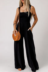 Smocked Square Neck Wide Leg Jumpsuit with Pockets - Shah S. Sahota