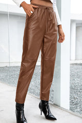 Seamed Elastic Waist PU Leather Pants - Shah S. Sahota