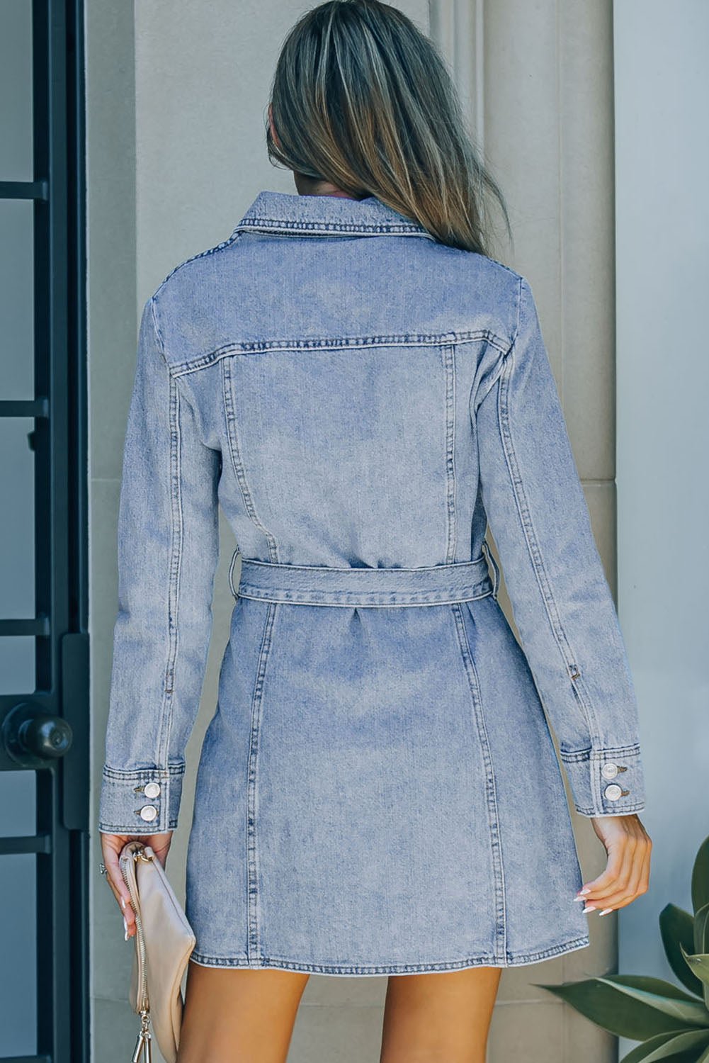 Button Down Collared Neck Belted Denim Dress - Shah S. Sahota
