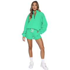 Stand-Up Collar Zipper Pullover Long-Sleeved Sweatshirts & Tie Shorts Lounge Sets - Shah S. Sahota
