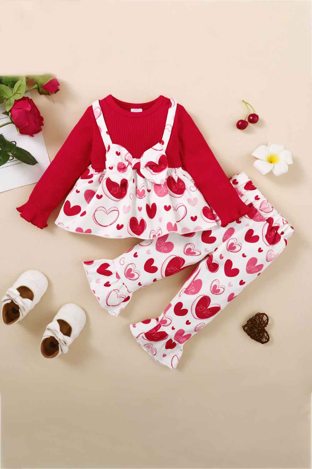 Girls Heart Print Bow Detail Sweater and Flare Pants Set - Shah S. Sahota