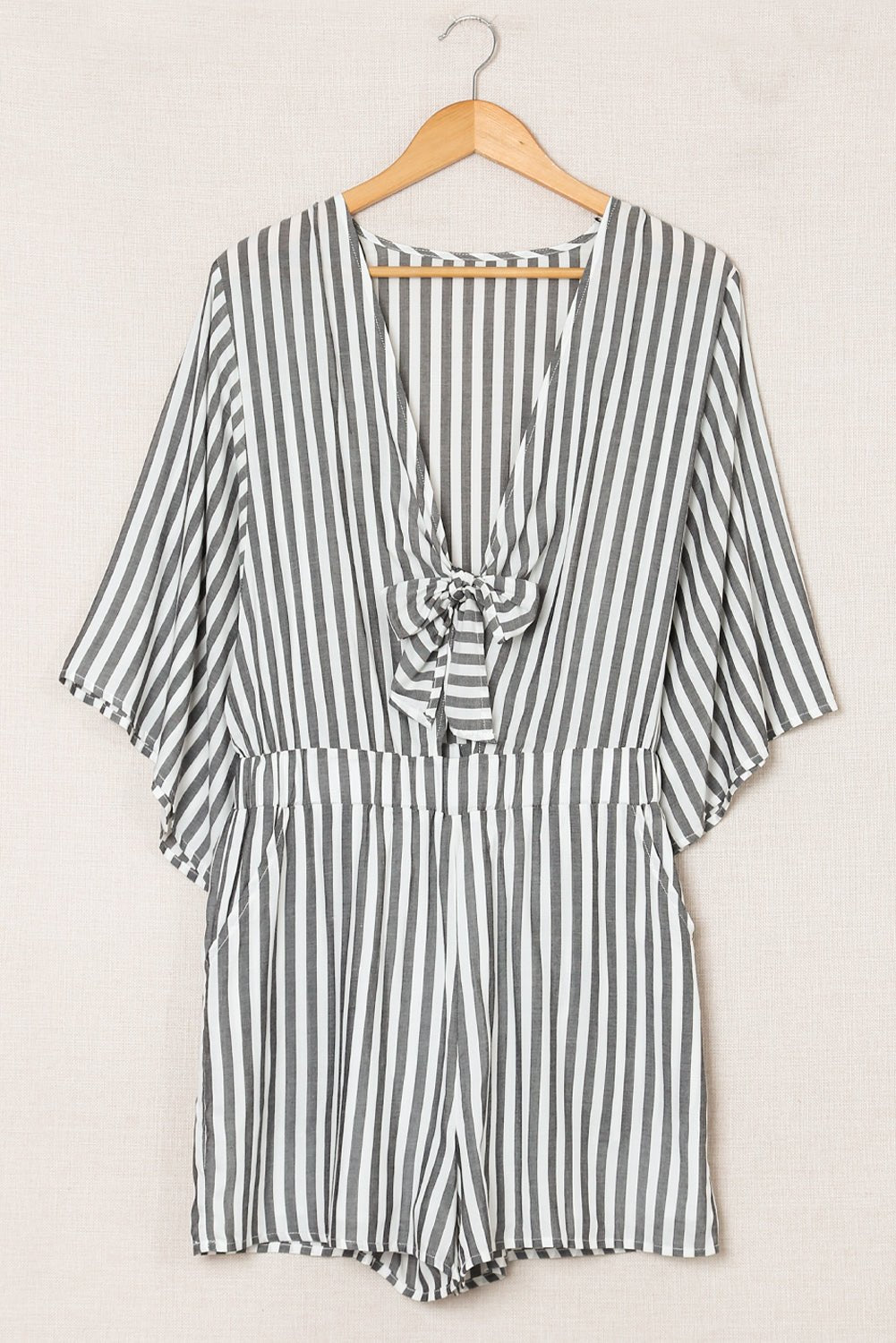 Striped Tie-Front Plunge Romper with Pockets - Shah S. Sahota