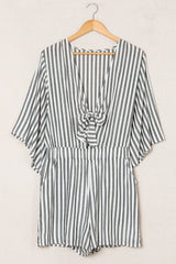 Striped Tie-Front Plunge Romper with Pockets - Shah S. Sahota