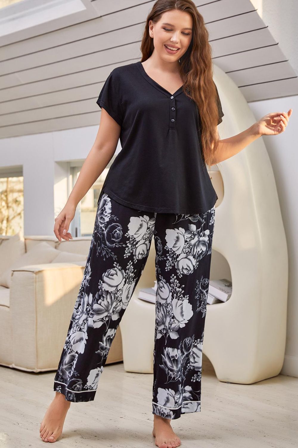Full Size V-Neck Top and Floral Pants Lounge Set - Shah S. Sahota