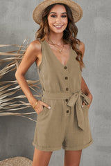 Tie-Waist Buttoned Plunge Sleeveless Romper - Shah S. Sahota