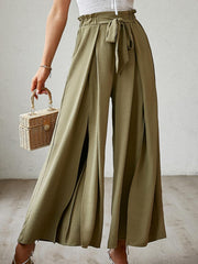 Tie Front Paperbag Waist Slit Thigh Wide Leg Pants - Shah S. Sahota