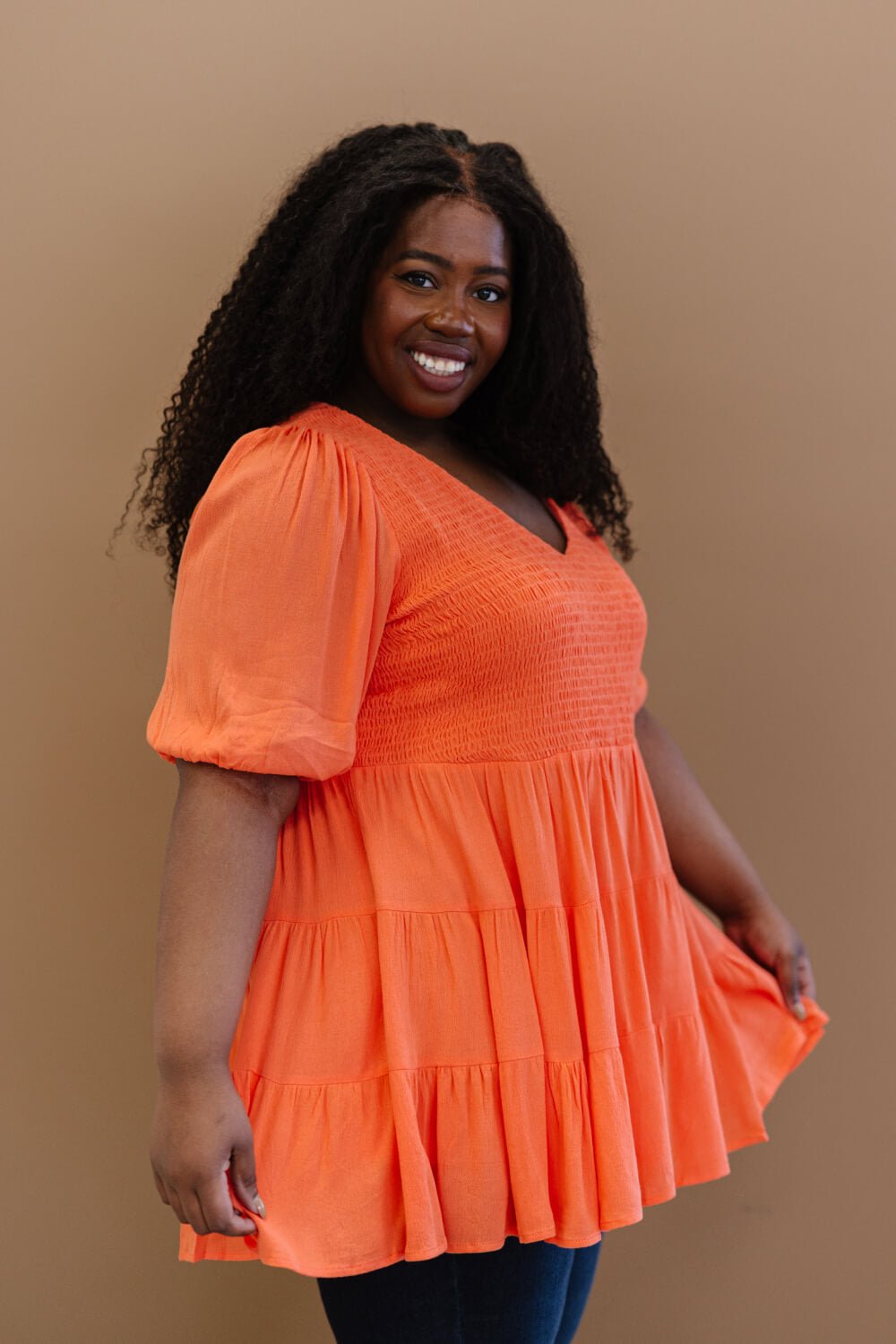 Davi & Dani One-Way Ticket Full Size Run Smocked Tiered Babydoll Blouse - Shah S. Sahota