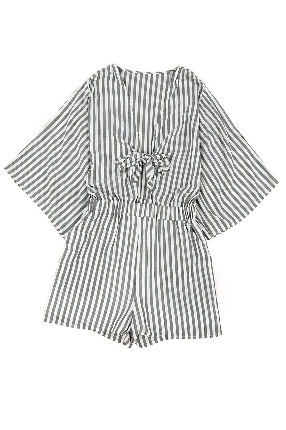 Striped Tie-Front Plunge Romper with Pockets - Shah S. Sahota