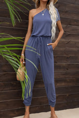 Drawstring Waist One-Shoulder Jumpsuit with Pockets - Shah S. Sahota